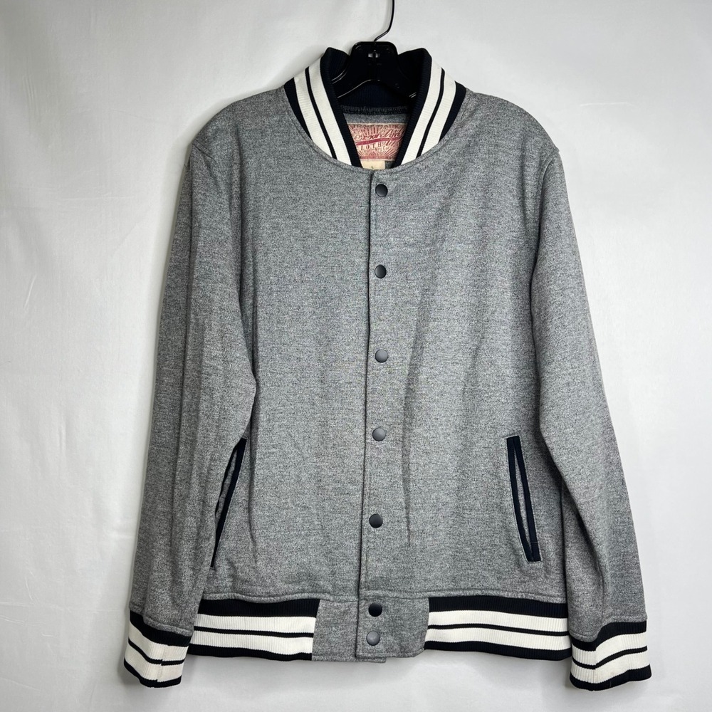 Brooklyn Cloth‎ Gray Varsity Bomber Jacket Mens Size L Snap Front Striped Trim
